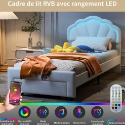 Lit simple capitonné 90x200 cm avec tiroirs, sommier à lattes, velours, bande lumineuse LED - Blanc