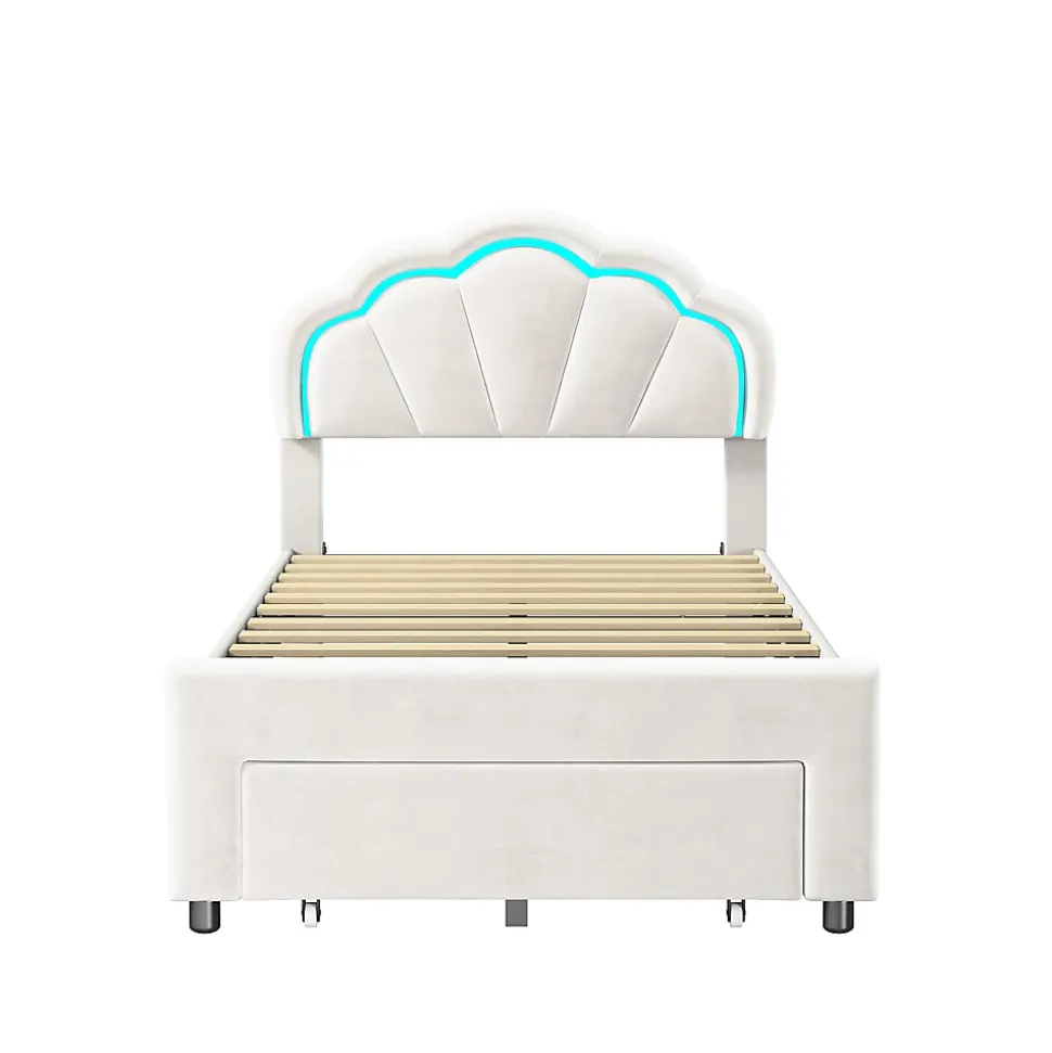 Lit simple capitonné 90x200 cm avec tiroirs, sommier à lattes, velours, bande lumineuse LED - Blanc