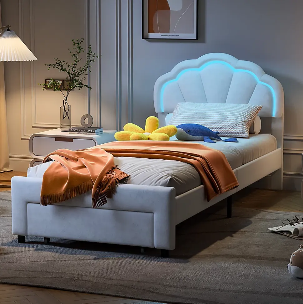 Lit simple capitonné 90x200 cm avec tiroirs, sommier à lattes, velours, bande lumineuse LED - Blanc