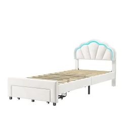 Lit simple capitonné 90x200 cm avec tiroirs, sommier à lattes, velours, bande lumineuse LED - Blanc