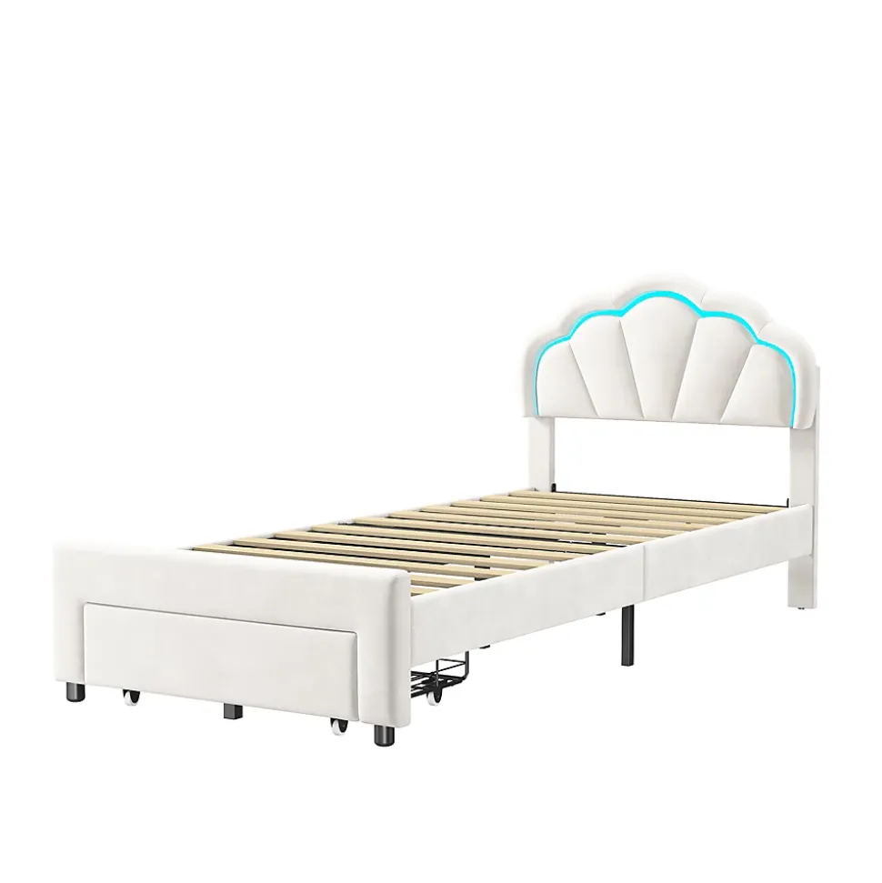 Lit simple capitonné 90x200 cm avec tiroirs, sommier à lattes, velours, bande lumineuse LED - Blanc