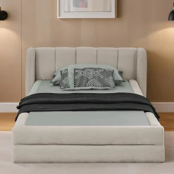 Lit Simple Capitonné 90x200 cm - avec Dossier Confortable, Revêtement en Chenille Doux, Couleur Beige - Sans Matelas