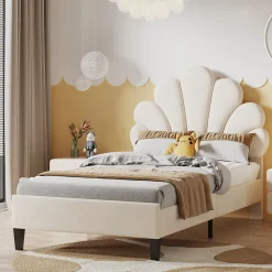 Lit simple capitonnés 90 x 200 cm, tête de lit en forme de fleur, sommier à lattes, velours, Beige