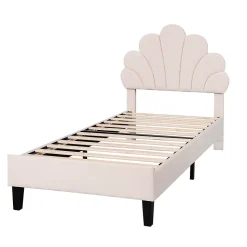 Lit simple capitonnés 90 x 200 cm, tête de lit en forme de fleur, sommier à lattes, velours, Beige