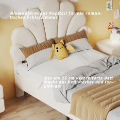 Lit simple capitonnés 90 x 200 cm - tête de lit en forme de fleur - sommier à lattes - velours - Beige