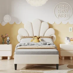 Lit simple capitonnés 90 x 200 cm - tête de lit en forme de fleur - sommier à lattes - velours - Beige