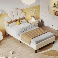 Lit simple capitonnés 90 x 200 cm - tête de lit en forme de fleur - sommier à lattes - velours - Beige