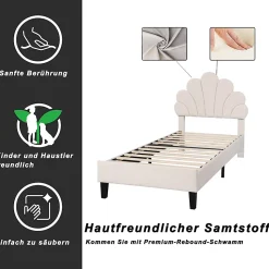 Lit simple capitonnés 90 x 200 cm - tête de lit en forme de fleur - sommier à lattes - velours - Beige