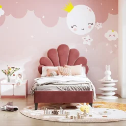 Lit simple capitonnés 90 x 200 cm, tête de lit en forme de fleur, sommier à lattes, velours, Rouge