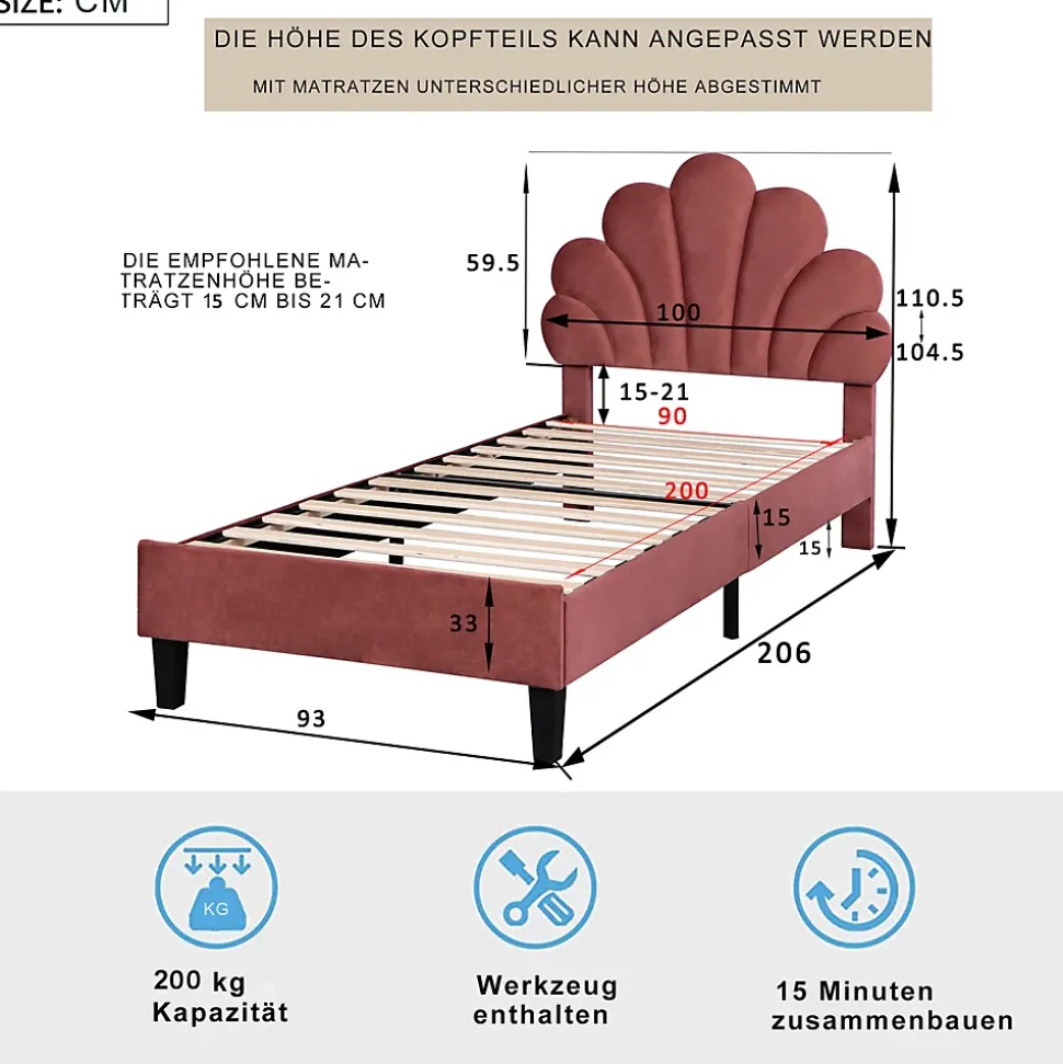 Lit simple capitonnés 90 x 200 cm, tête de lit en forme de fleur, sommier à lattes, velours, Rouge