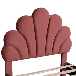 Lit simple capitonnés 90 x 200 cm, tête de lit en forme de fleur, sommier à lattes, velours, Rouge