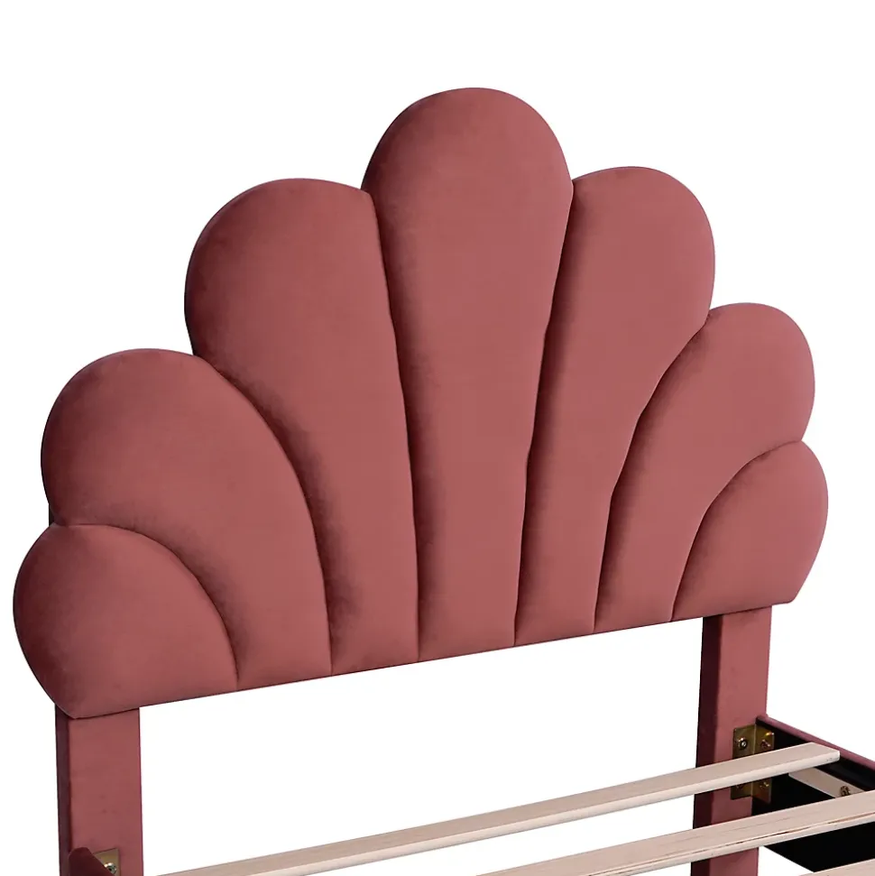 Lit simple capitonnés 90 x 200 cm, tête de lit en forme de fleur, sommier à lattes, velours, Rouge