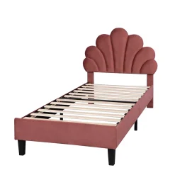 Lit simple capitonnés 90 x 200 cm, tête de lit en forme de fleur, sommier à lattes, velours, Rouge