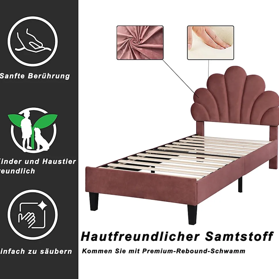 Lit simple capitonnés 90 x 200 cm, tête de lit en forme de fleur, sommier à lattes, velours, Rouge