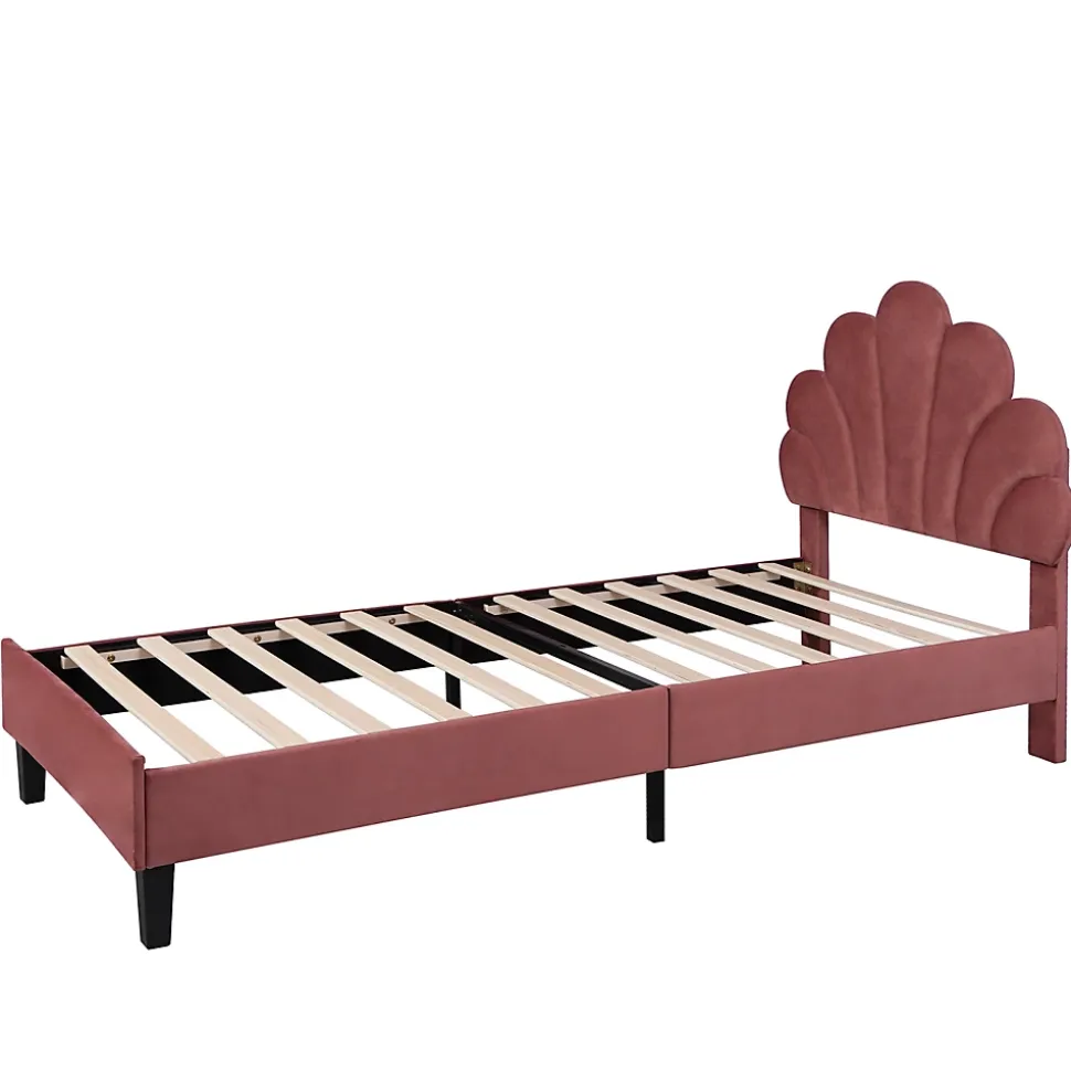 Lit simple capitonnés 90 x 200 cm, tête de lit en forme de fleur, sommier à lattes, velours, Rouge