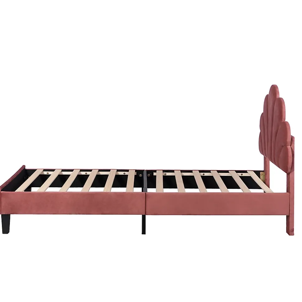 Lit simple capitonnés 90 x 200 cm, tête de lit en forme de fleur, sommier à lattes, velours, Rouge