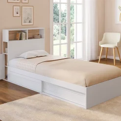 Lit simple CLEM avec rangement, tête de lit et sommier 90 x 190 cm blanc et hêtre