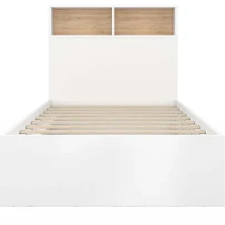 Lit simple CLEM avec rangement, tête de lit et sommier 90 x 190 cm blanc et hêtre