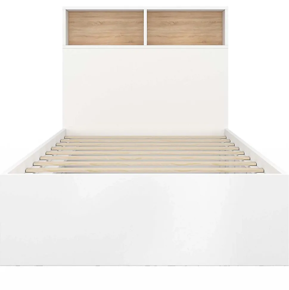 Lit simple CLEM avec rangement, tête de lit et sommier 90 x 190 cm blanc et hêtre