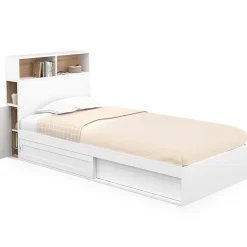 Lit simple CLEM avec rangement, tête de lit et sommier 90 x 190 cm blanc et hêtre