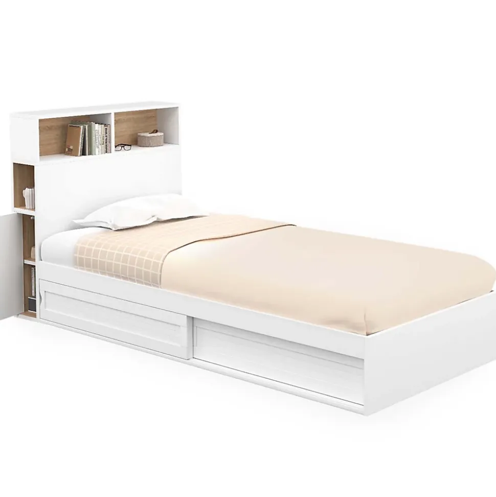 Lit simple CLEM avec rangement, tête de lit et sommier 90 x 190 cm blanc et hêtre