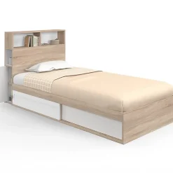 Lit simple CLEM avec rangement, tête de lit et sommier 90 x 190 cm hêtre et blanc