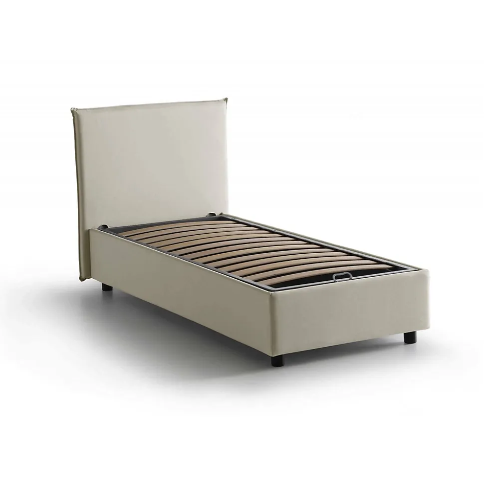 Lit simple Darut, Lit coffre avec revêtement en tissu, Ouverture latérale, adapté pour matelas 80x190 cm, Beige