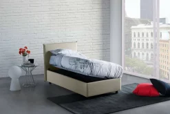 Lit simple Darut, Lit coffre avec revêtement en tissu, Ouverture latérale, adapté pour matelas 80x190 cm, Beige