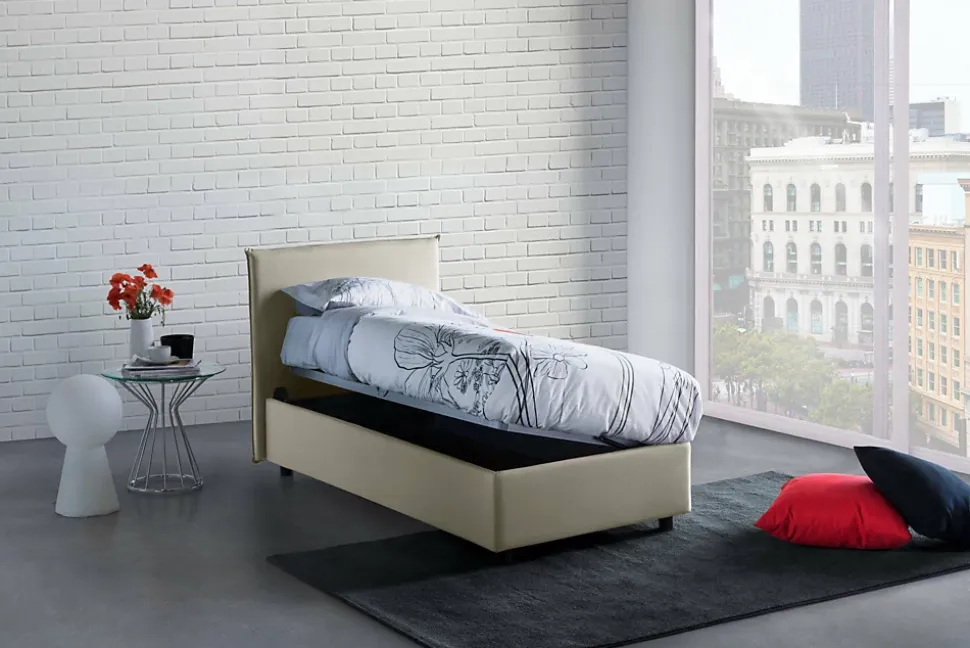 Lit simple Darut, Lit coffre avec revêtement en tissu, Ouverture latérale, adapté pour matelas 80x190 cm, Beige