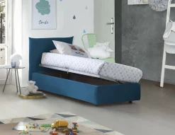 Lit simple Dborbe, Lit coffre avec revêtement en tissu, Ouverture latérale, avec matelas 80x190 cm inclus, Bleu