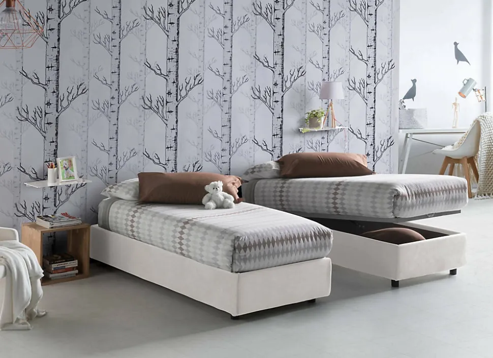 Lit simple Dmaiell, Lit coffre avec revêtement en tissu, Ouverture frontale, avec matelas 80x200 cm inclus, Blanc