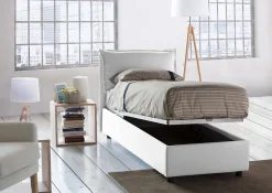Lit simple Dmarcon, Lit coffre avec revêtement en tissu, Ouverture frontale, avec matelas 80x200 cm inclus, Blanc
