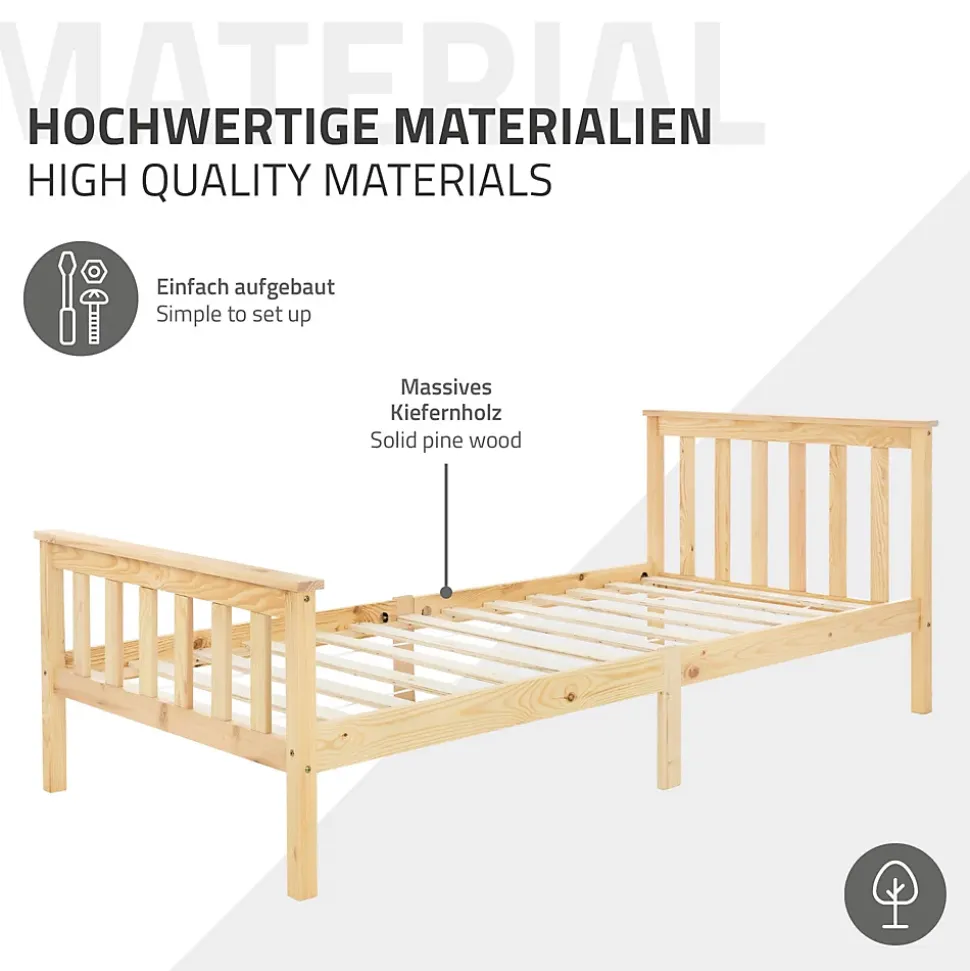 Lit simple en bois de pin naturel d'adolescents avec sommier à lattes 200x90 cm