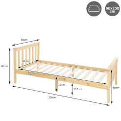 Lit simple en bois de pin naturel d'adolescents avec sommier à lattes 200x90 cm