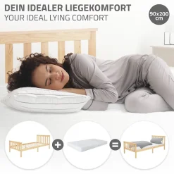 Lit simple en bois de pin naturel d'adolescents avec sommier à lattes 200x90 cm