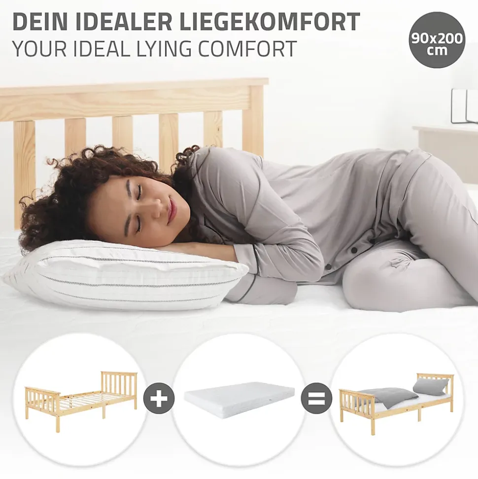 Lit simple en bois de pin naturel d'adolescents avec sommier à lattes 200x90 cm