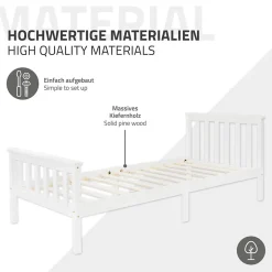 Lit simple en bois de pin blanc d'adolescents avec sommier à lattes 200x90 cm