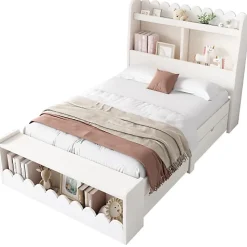 Lit simple en bois 90x190cm - avec 2 tiroirs et étagères - Blanc (matelas non inclus)