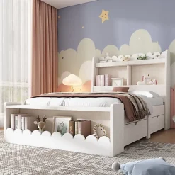 Lit simple en bois 90x190cm - avec 2 tiroirs et étagères - Blanc (matelas non inclus)