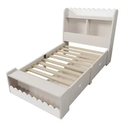 Lit simple en bois 90x190cm - avec 2 tiroirs et étagères - Blanc (matelas non inclus)