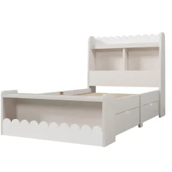 Lit simple en bois 90x190cm - avec 2 tiroirs et étagères - Blanc (matelas non inclus)