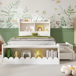 Lit simple en bois 90x190cm - avec 2 tiroirs et étagères - Blanc (matelas non inclus)