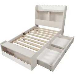 Lit simple en bois 90x200cm - avec 2 tiroirs et étagères - Blanc (matelas non inclus)