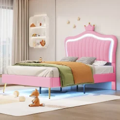 Lit simple enfant 90x200 cm - Lit capitonné avec LED en forme de couronne pour fille - Cuir synthétique - Sans matelas - Rose