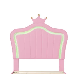 Lit simple enfant 90x200 cm - Lit capitonné avec LED en forme de couronne pour fille - Cuir synthétique - Sans matelas - Rose