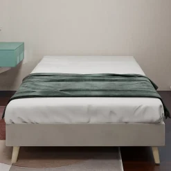 Lit Simple Enfant 90x200 cm - sans Tête de Lit, Revêtement en Velours et Cadre Bas, Composite et Métal, sans Matelas, Beige