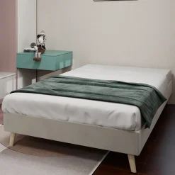 Lit Simple Enfant 90x200 cm - sans Tête de Lit, Revêtement en Velours et Cadre Bas, Composite et Métal, sans Matelas, Beige