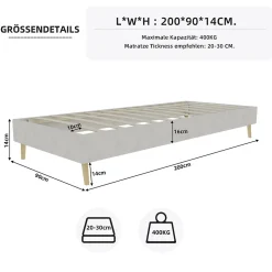 Lit Simple Enfant 90x200 cm - sans Tête de Lit, Revêtement en Velours et Cadre Bas, Composite et Métal, sans Matelas, Beige