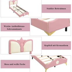 Lit Simple Enfant 90x200 cm, Tête de Lit Forme Couronne et Bordures Anti-Chocs, PU Mousse Contreplaqué, Sans Matelas, Rose/Blanc