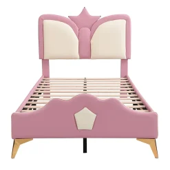 Lit Simple Enfant 90x200 cm, Tête de Lit Forme Couronne et Bordures Anti-Chocs, PU Mousse Contreplaqué, Sans Matelas, Rose/Blanc